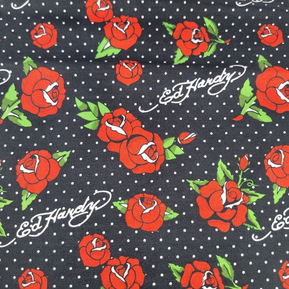 Ed Hardy QUEEN Sheets Set 6pc Black White Polka Dots Red Rose Tattoo Print Signa